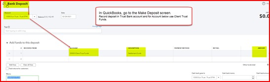 Text indicates a need to record deposits in the Trust Bank account, using Client Trust Funds.