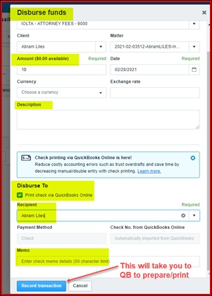 It shows fields for client, matter, amount, date, recipient and memo. **Transcribed Text:**