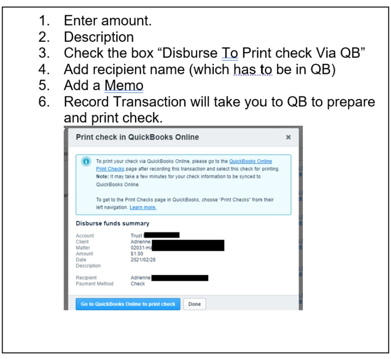 This image shows instructions on how to print a check via Quickbooks online.