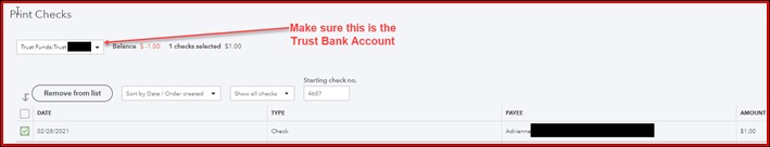 The page displays details, like the account balance, check number, date, payee, and amount.