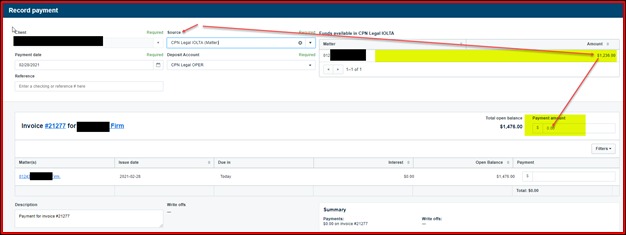 The image features the page "Record Payment" with fields for date, source, matter, and amount, highlighted with bright yellow.