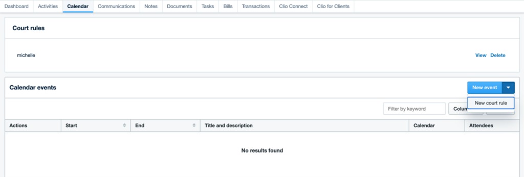 Within "Calendar events," a user can create a new court rule; no results are found in the table.
