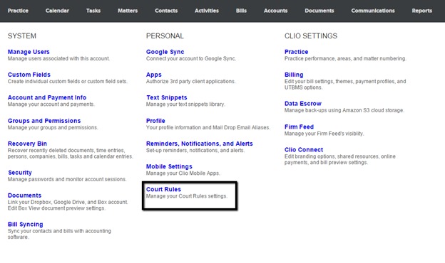 The text "Court Rules Manage your Court Rules settings.